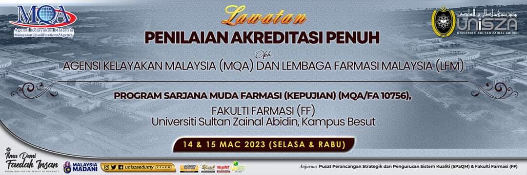 Lawatan Penilaian Akreditasi Penuh Program Sarjana Muda Farmasi (Kepujian) (MQA/FA 10756), Fakulti Farmasi (FF) oleh pihak penilai Agensi Kelayakan Malaysia (Malaysian Qualifications Agency, MQA) serta sekretariat Lembaga Farmasi Malaysia (LFM)